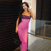 Low-Cut Suspender Lace Stitching See-Through Dress